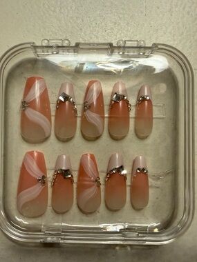 Pink and Cream Press-On Nails with Rhinestones